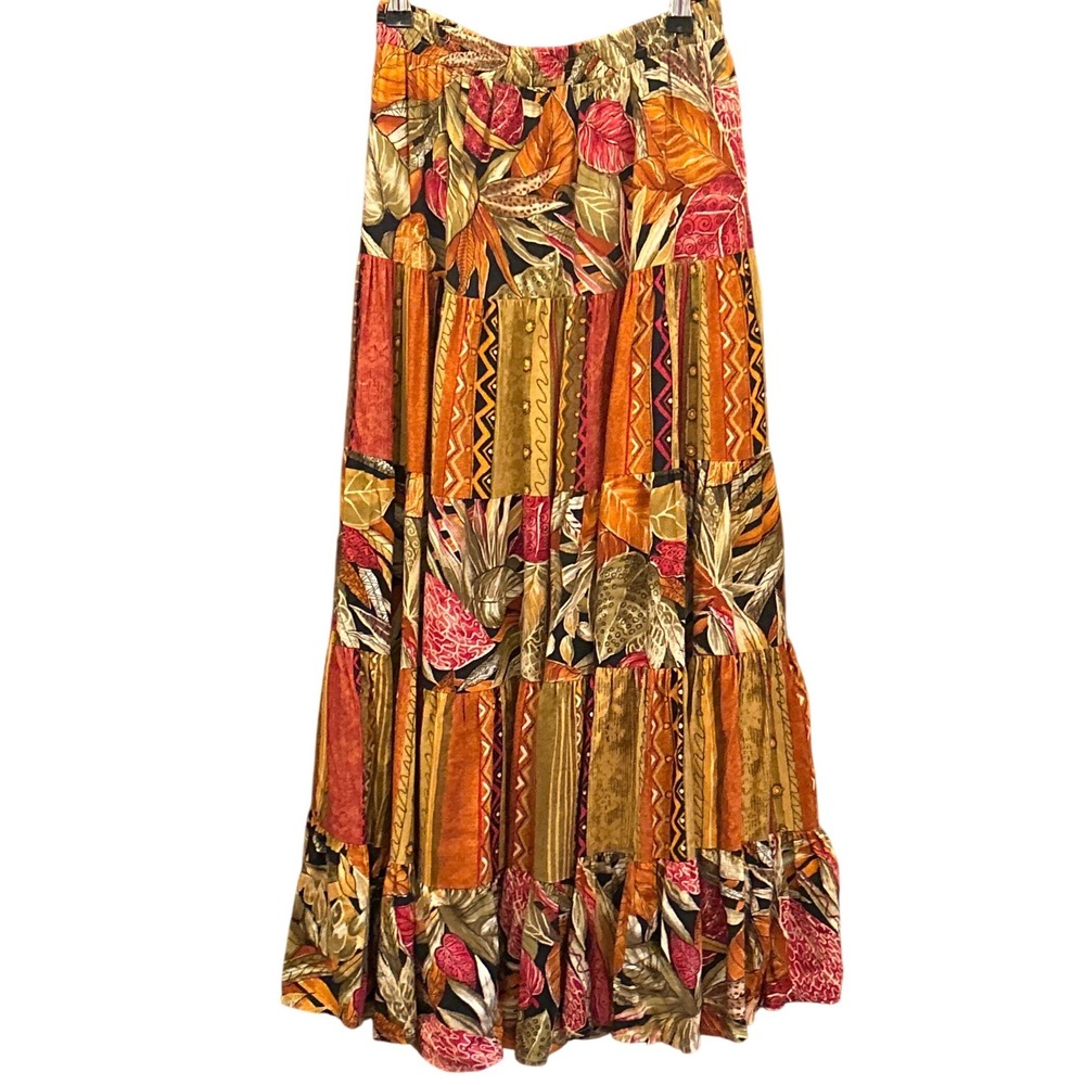90s Stephanie Thomas Sport Maxi Skirt Boho Tropical Patchwork Tiered Rayon 12